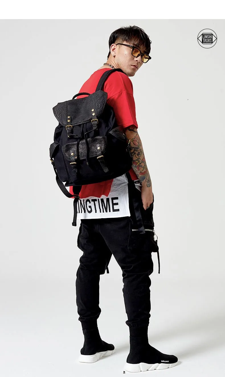 Fashion Canvas Leather Mens Backpack School Backpack Black Canvas Travel Backpack For Men
