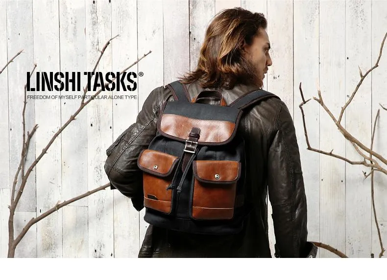 Fashion Canvas Leather Mens Khaki Backpack School Backpack Black Canvas Travel Backpack For Men