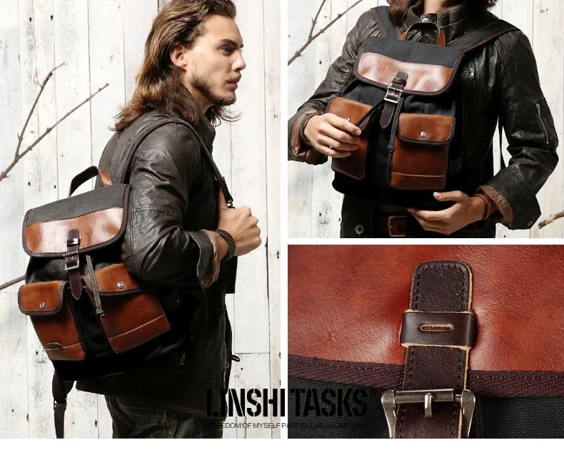 Fashion Canvas Leather Mens Khaki Backpack School Backpack Black Canvas Travel Backpack For Men