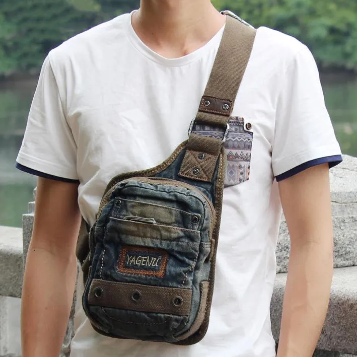 Fashion Jean Blue Mens Small Sling Bag Chest Bags Blue Fashion Denim One Shoulder Backpacks For Men