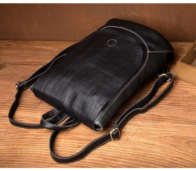 Fashion Mens Black Leather 14-inch Satchel Computer Backpacks Cool Travel Backpacks School Backpack for men