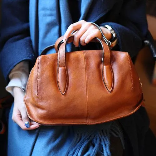 Fashion Women Brown Leather Boston Handbags Black Shoulder Bag Boston Crossbody Bags Purse