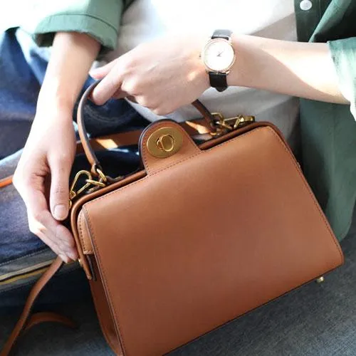 Fashion Womens Brown Leather Handbag Structured Satchel Handbag Brown Leather Shoulder Bag Crossbody Purse