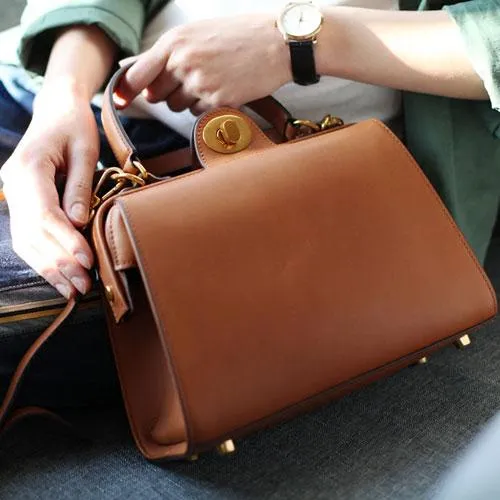 Fashion Womens Brown Leather Handbag Structured Satchel Handbag Brown Leather Shoulder Bag Crossbody Purse