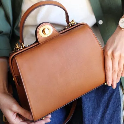 Fashion Womens Brown Leather Handbag Structured Satchel Handbag Brown Leather Shoulder Bag Crossbody Purse