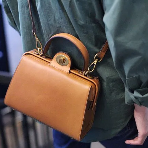 Fashion Womens Brown Leather Handbag Structured Satchel Handbag Brown Leather Shoulder Bag Crossbody Purse