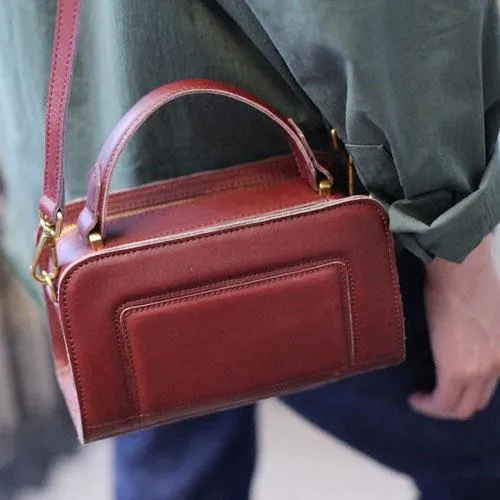 Fashion Womens Leather Red Satchel Handbag Leather Shoulder Bag Square Crossbody Bag Purse