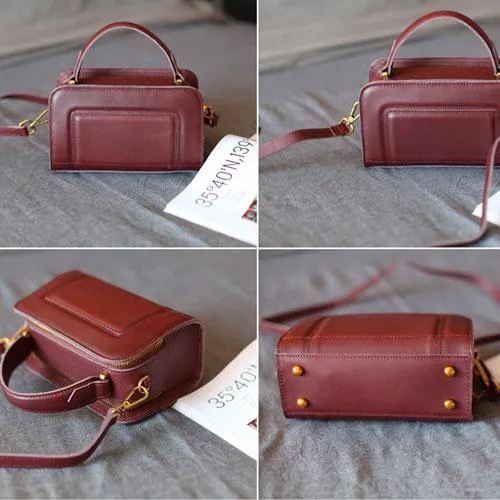 Fashion Womens Leather Red Satchel Handbag Leather Shoulder Bag Square Crossbody Bag Purse