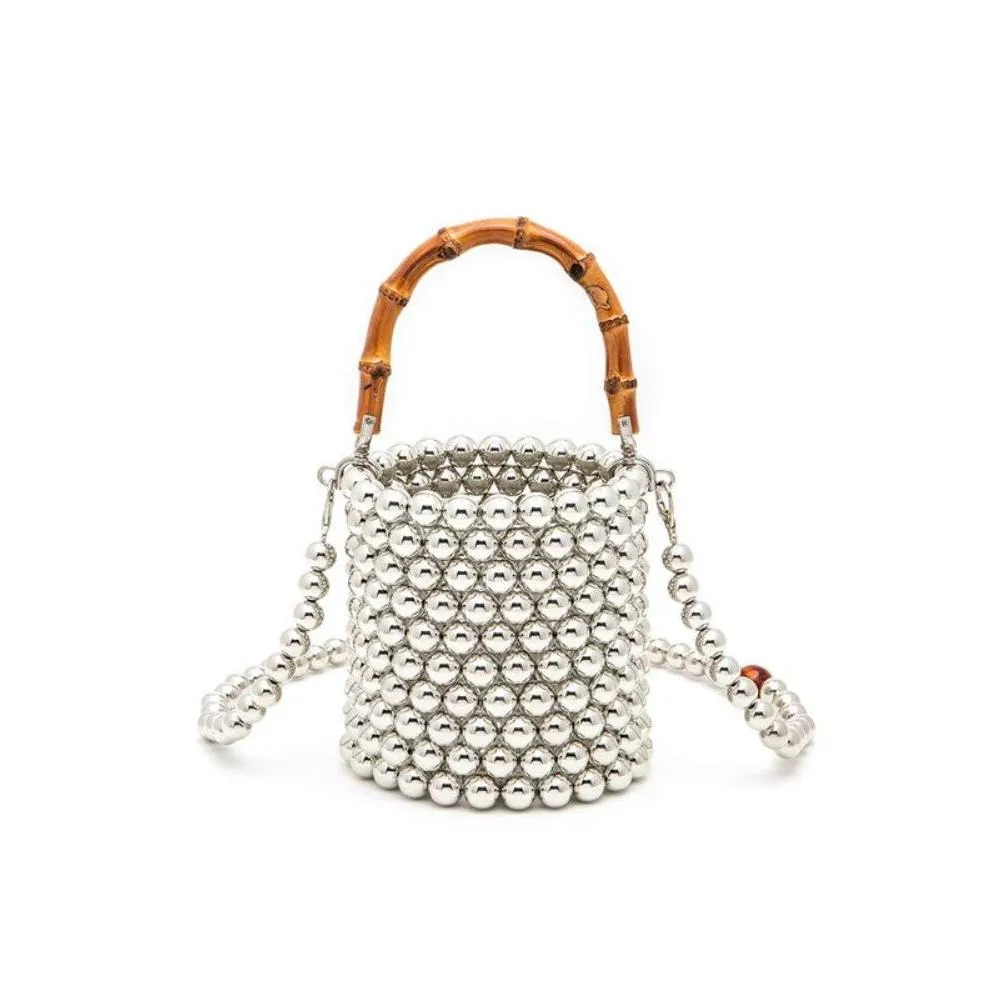 FASHNZFAB Bamboo Top Handle Beaded Bucket Clutch Bag