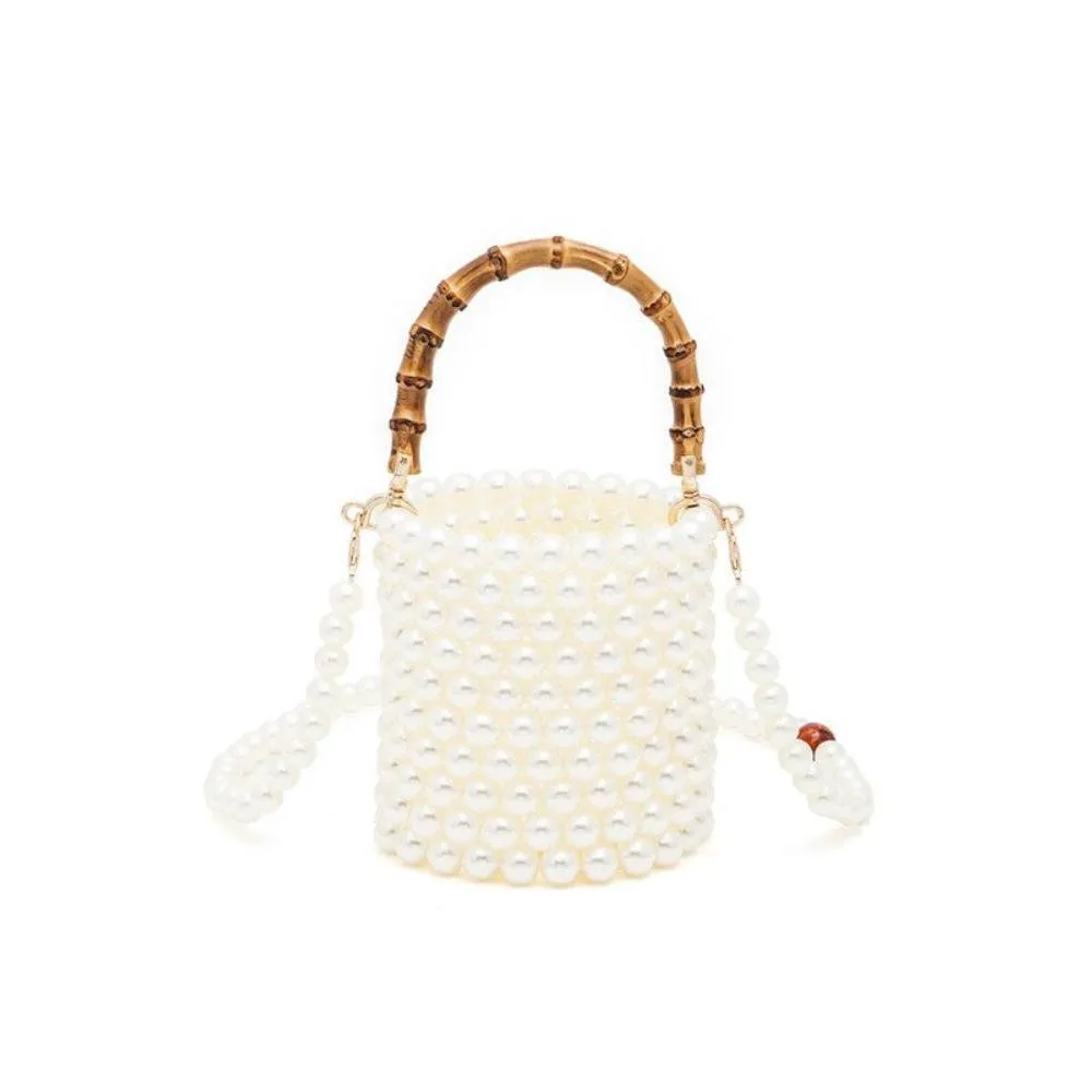 FASHNZFAB Bamboo Top Handle Beaded Bucket Clutch Bag