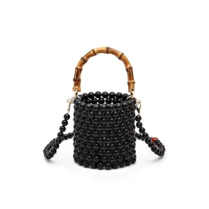 FASHNZFAB Bamboo Top Handle Beaded Bucket Clutch Bag