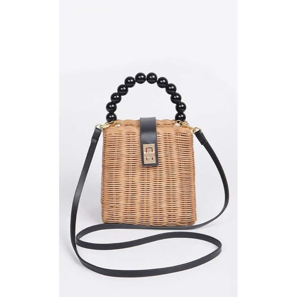 FASHNZFAB Beads Handle Straw Structure Clutch Swing Bag
