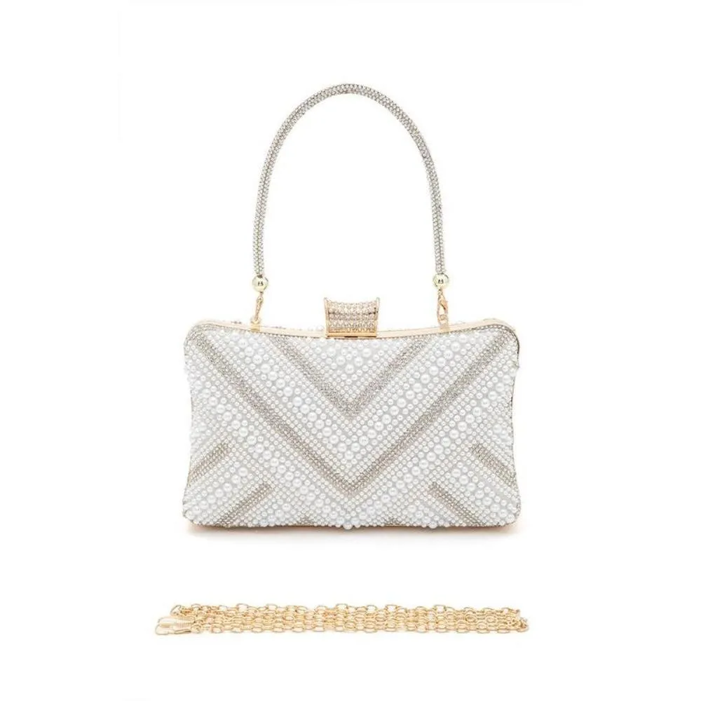 FASHNZFAB Chevron Pearl Rhinestone Convertible Box Clutchj