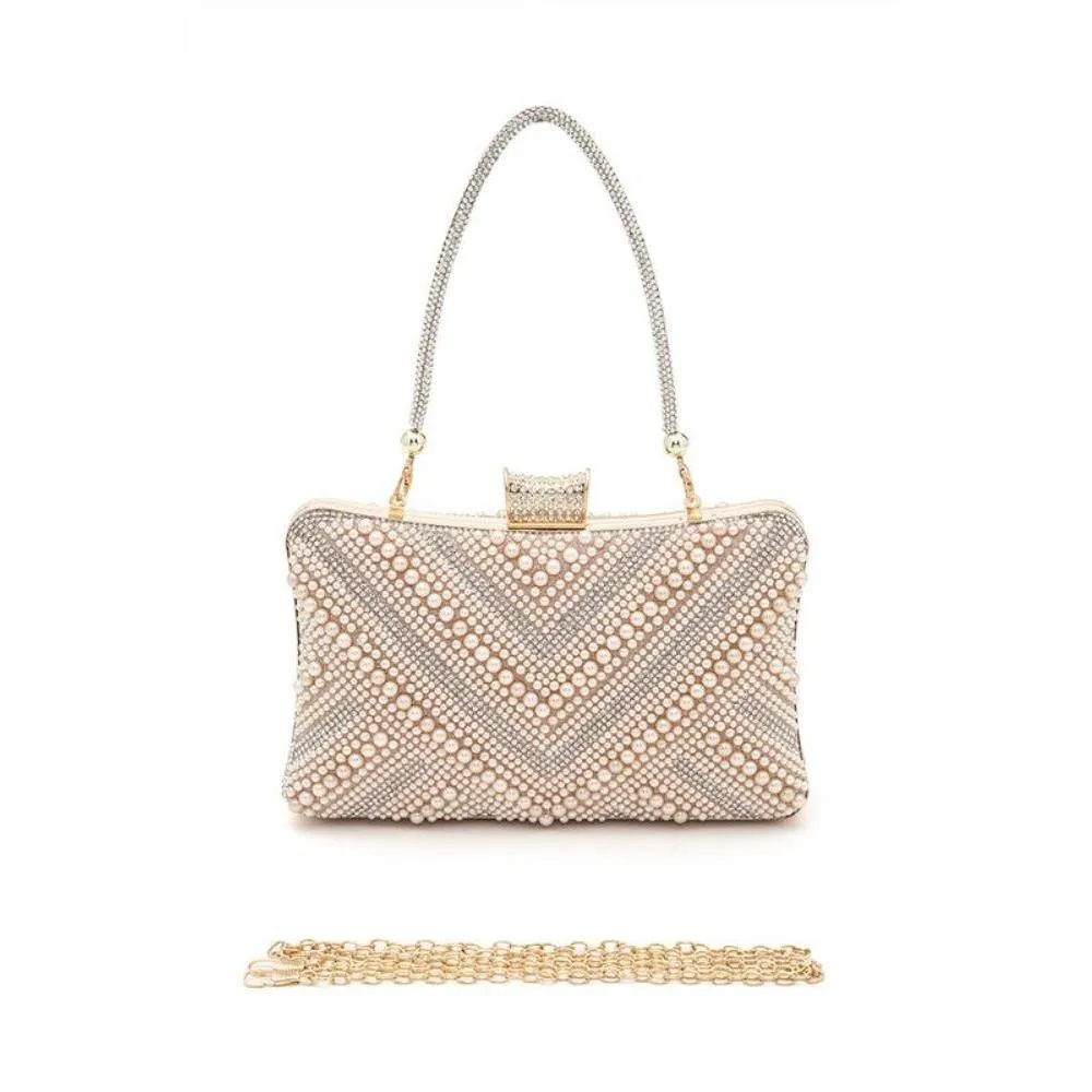 FASHNZFAB Chevron Pearl Rhinestone Convertible Box Clutchj