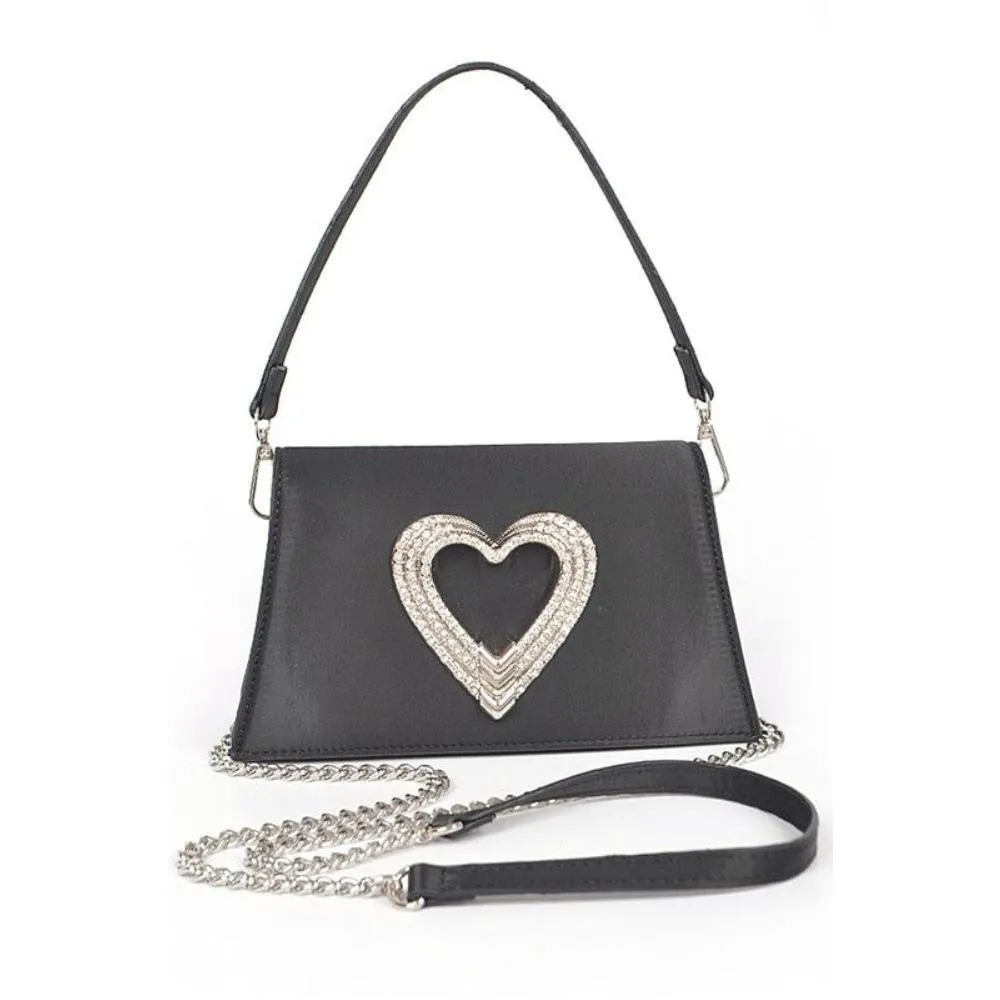 FASHNZFAB Crystal Heart Satin Top Handle Convertible Clutch