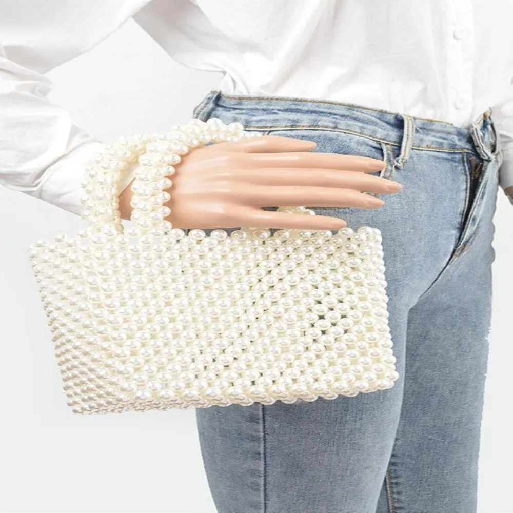 FASHNZFAB Faux Pearl Braided Iconic Basket Top Handle Clutch