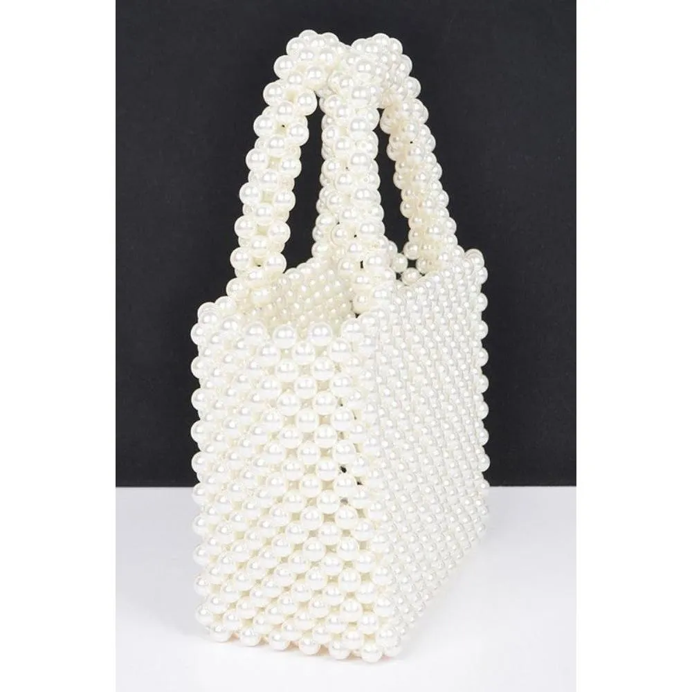 FASHNZFAB Faux Pearl Braided Iconic Basket Top Handle Clutch