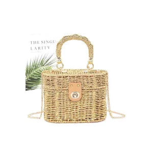 FASHNZFAB Faux Straw Metallic Top Handle Box Clutch Bag