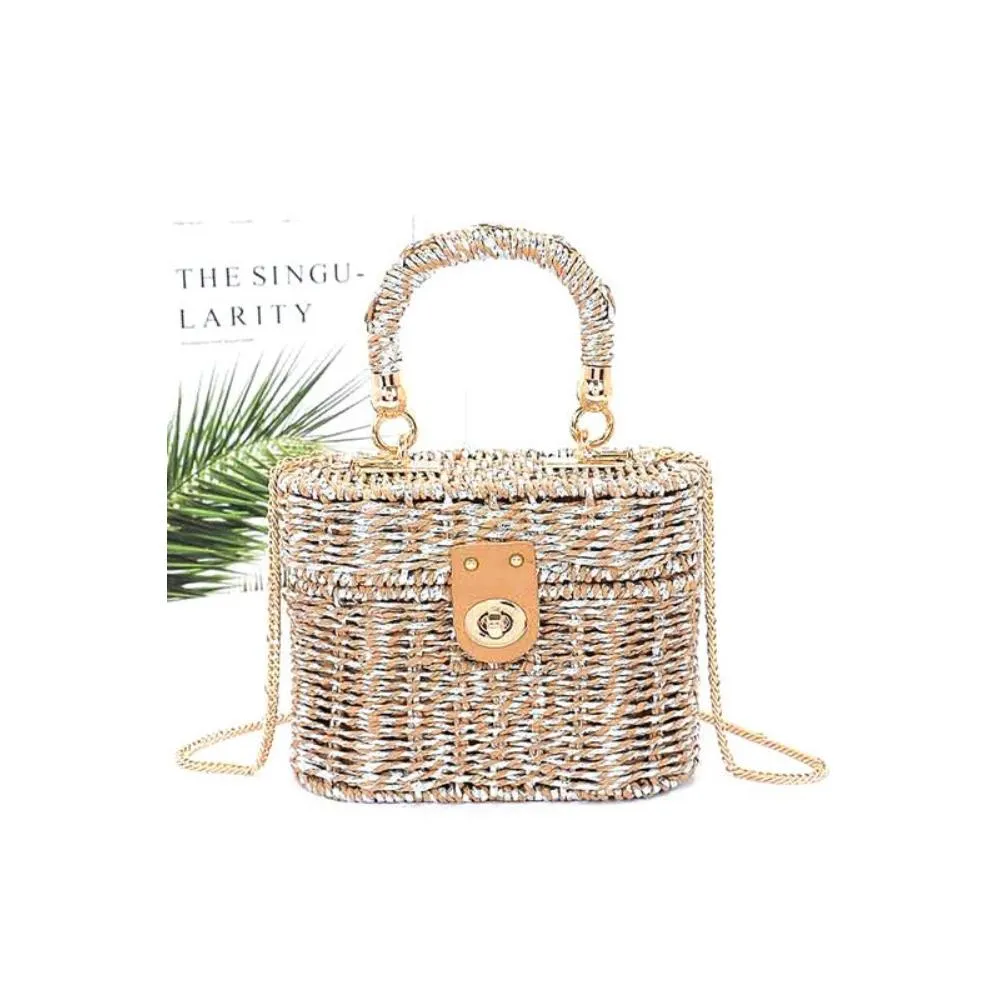 FASHNZFAB Faux Straw Metallic Top Handle Box Clutch Bag