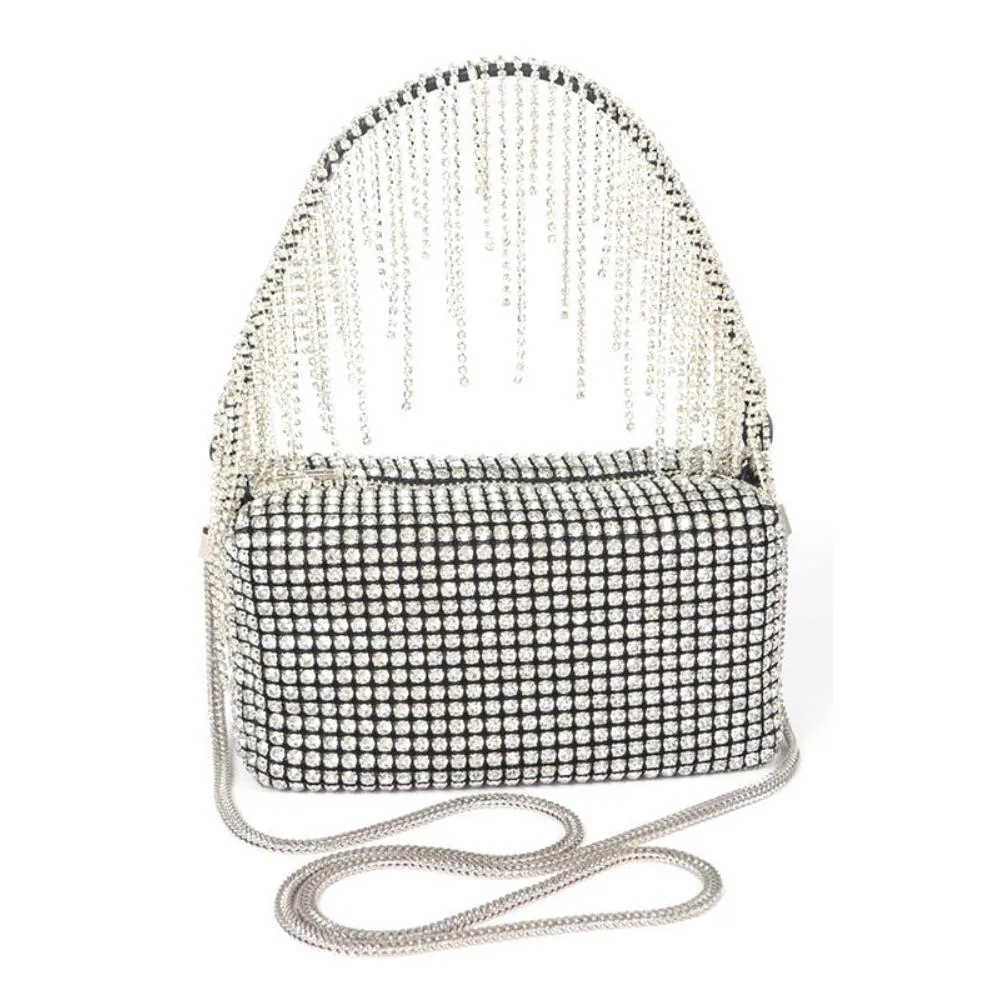 FASHNZFAB Fringe Rhinestone Curtain Handle Clutch Bag