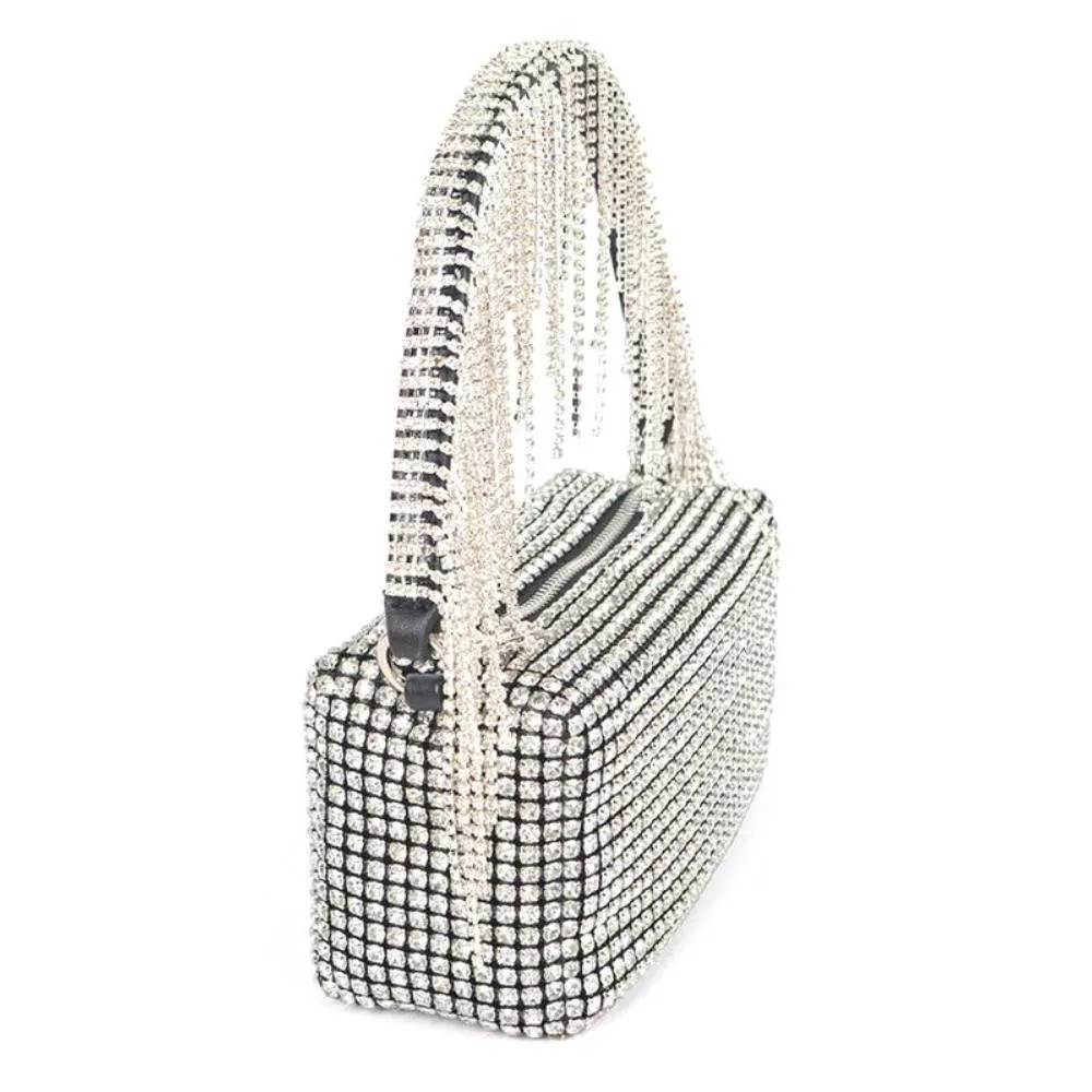 FASHNZFAB Fringe Rhinestone Curtain Handle Clutch Bag