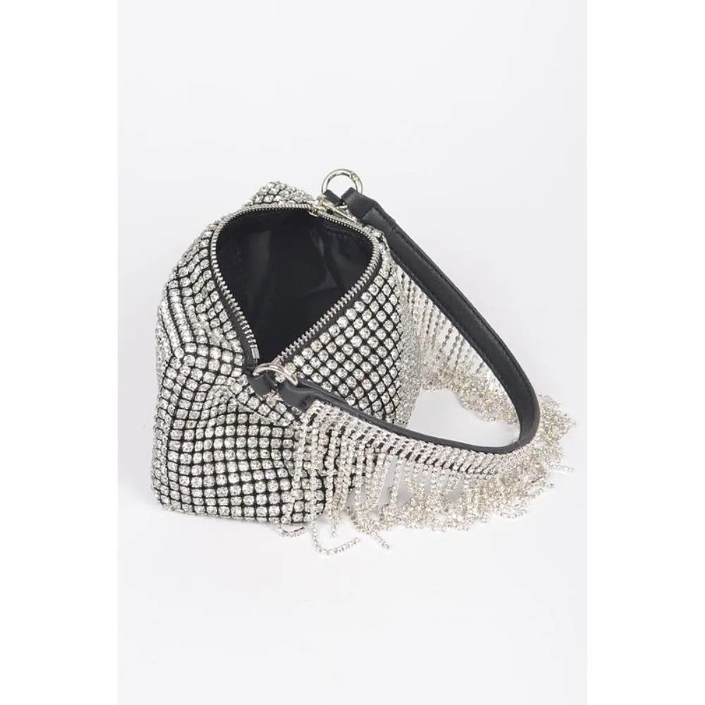 FASHNZFAB Fringe Rhinestone Curtain Handle Clutch Bag