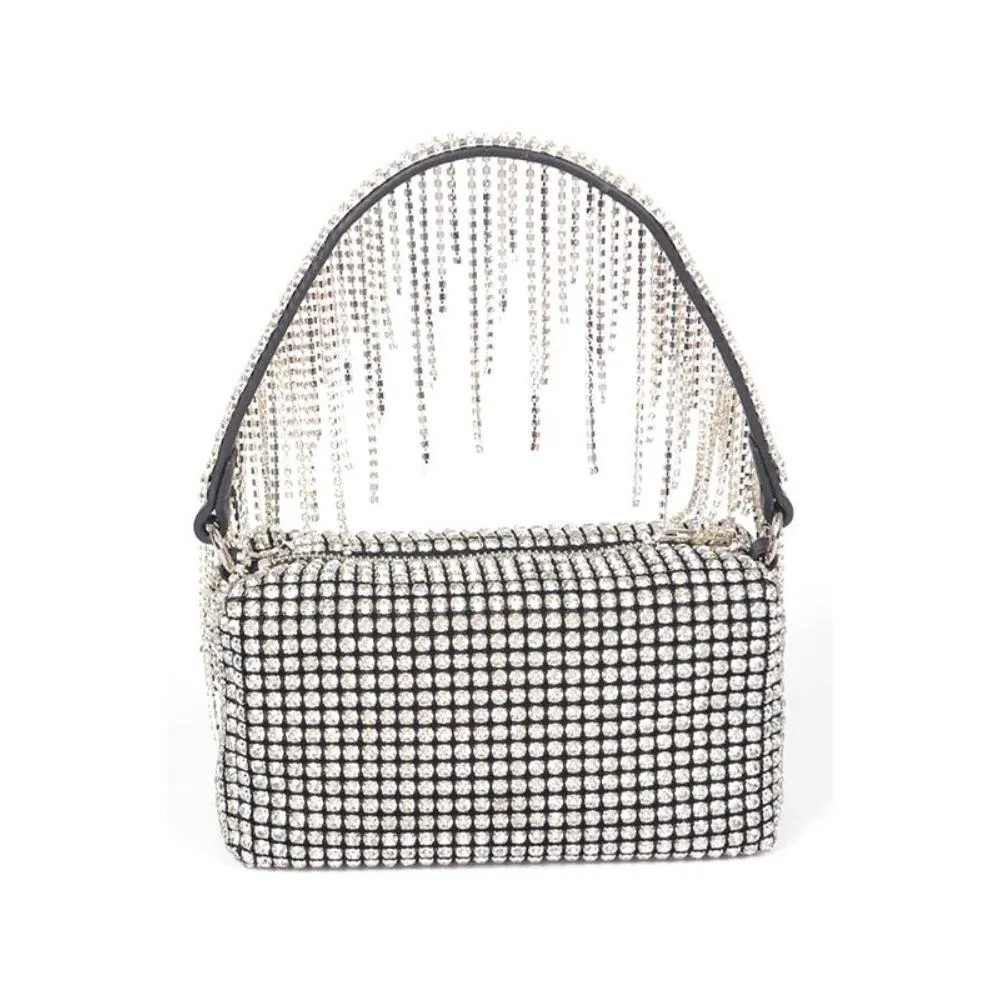 FASHNZFAB Fringe Rhinestone Curtain Handle Clutch Bag