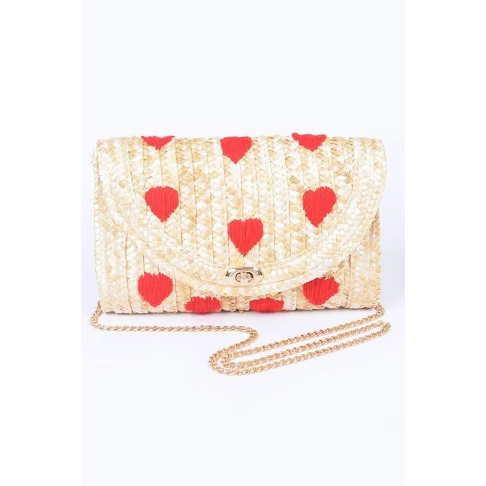 FASHNZFAB Heart Pattern Straw Convertible Clutch Bag