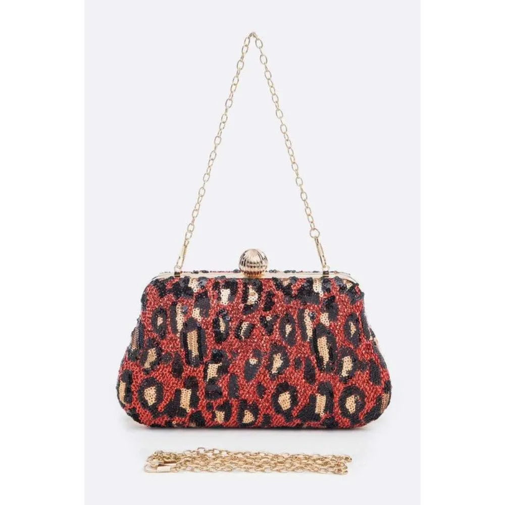 FASHNZFAB Leopard Print Sequins Convertible Box Clutch