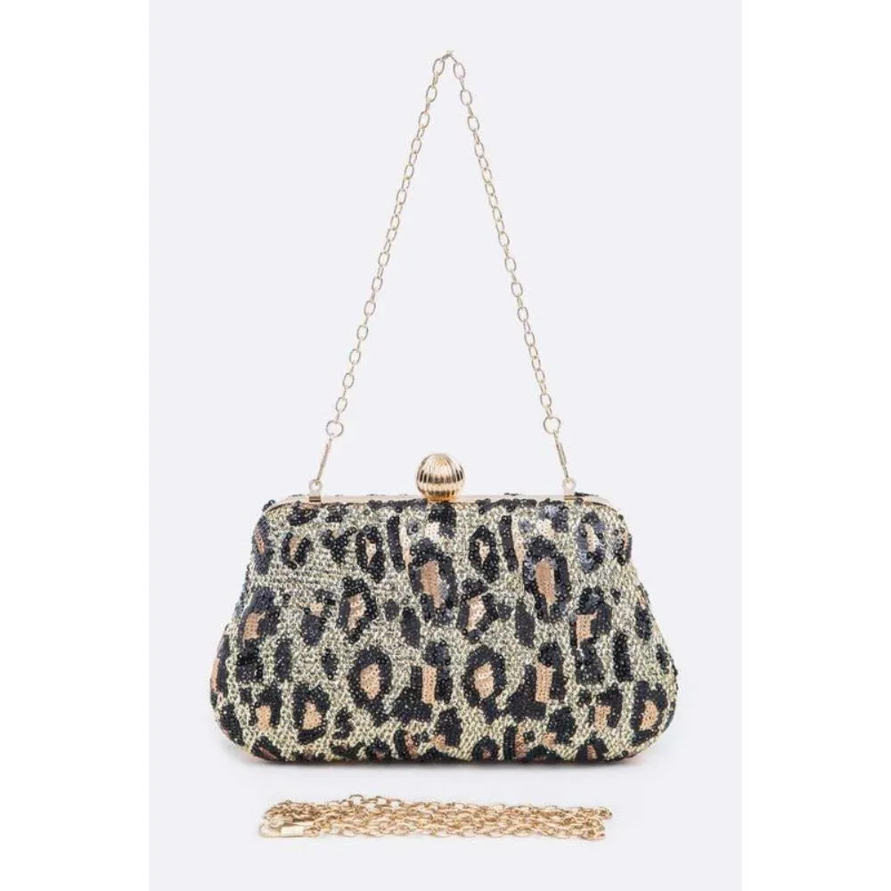 FASHNZFAB Leopard Print Sequins Convertible Box Clutch