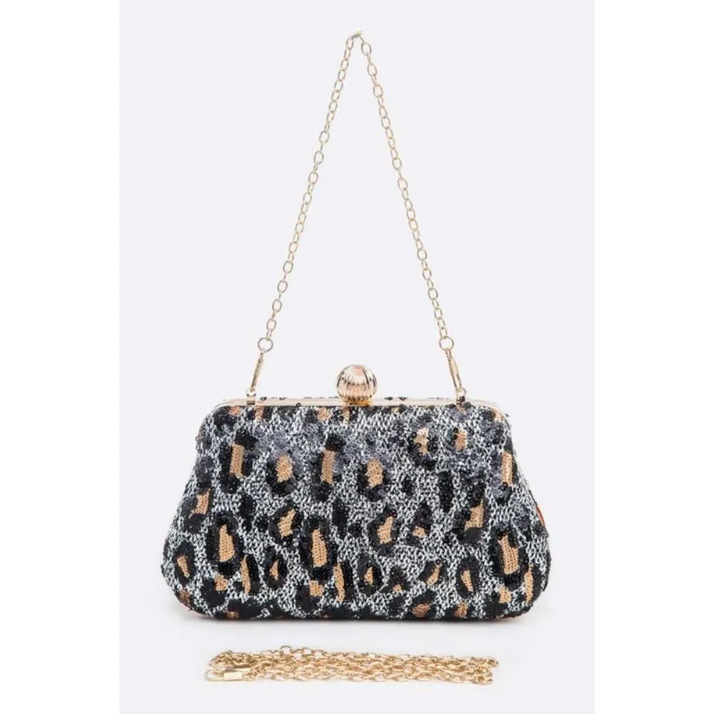 FASHNZFAB Leopard Print Sequins Convertible Box Clutch