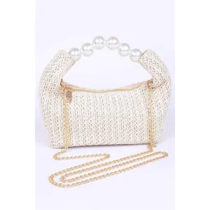 FASHNZFAB Pearl Handle Faux Straw Fashion Clutch