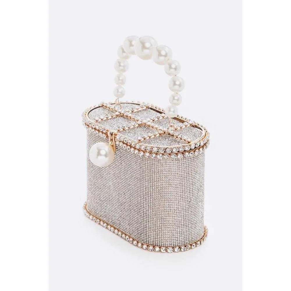 FASHNZFAB Pearl Handle Iconic Rhinestone Box Clutch