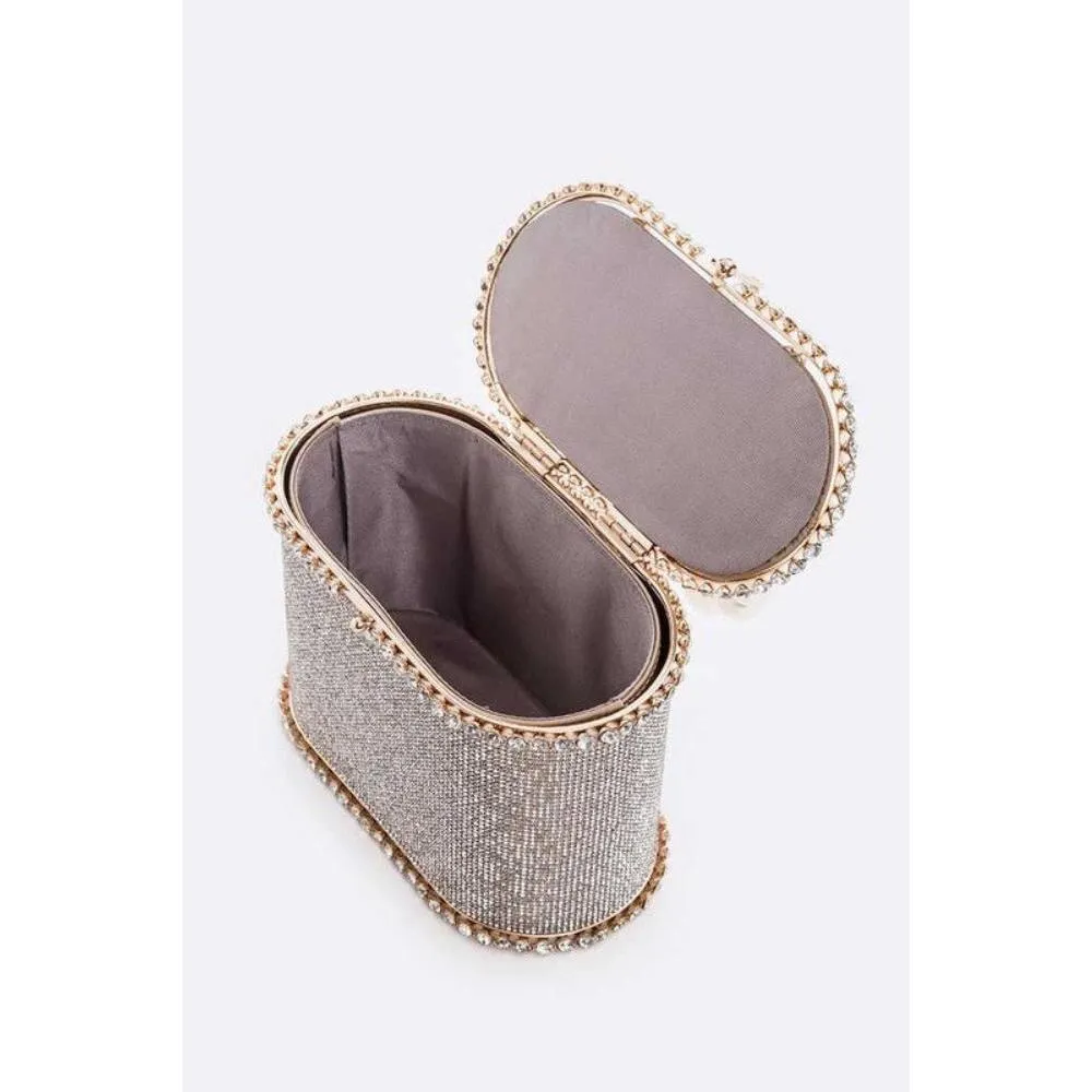 FASHNZFAB Pearl Handle Iconic Rhinestone Box Clutch