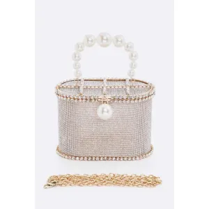 FASHNZFAB Pearl Handle Iconic Rhinestone Box Clutch