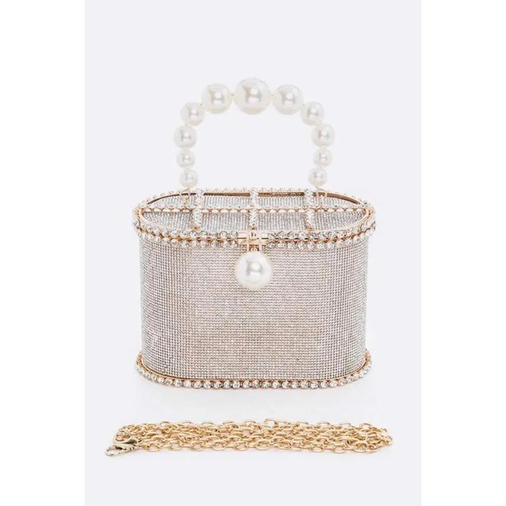 FASHNZFAB Pearl Handle Iconic Rhinestone Box Clutch
