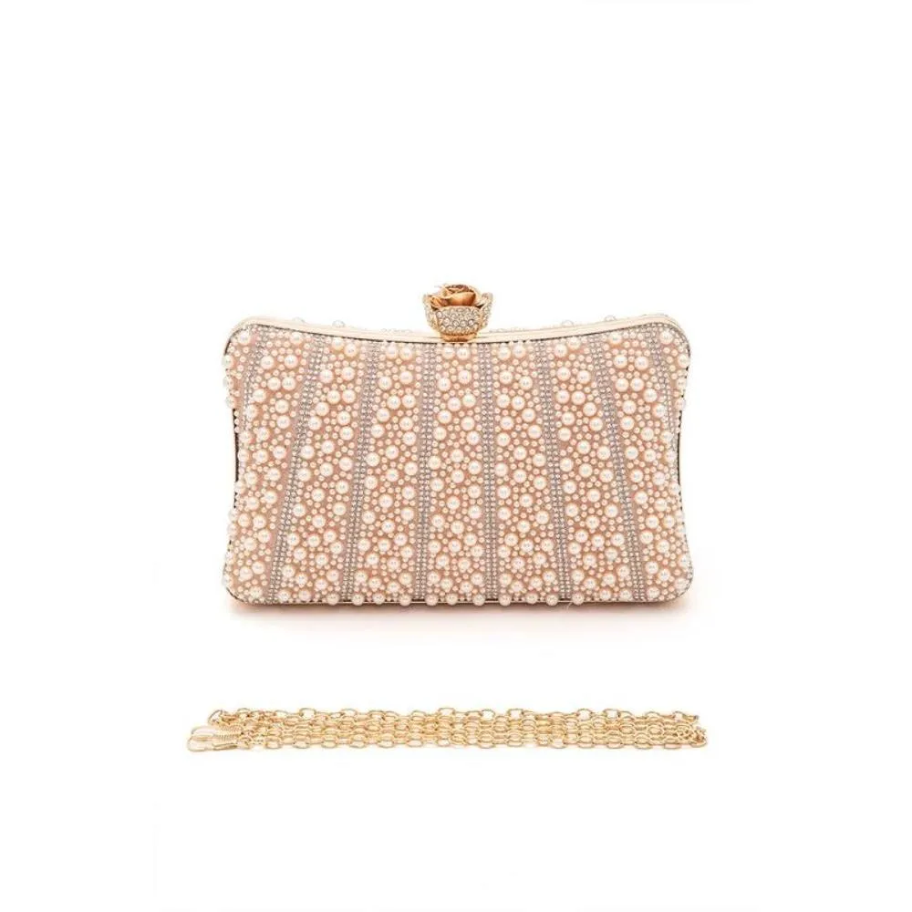 FASHNZFAB Pearl Rhinestone Evening Formal Box Clutch