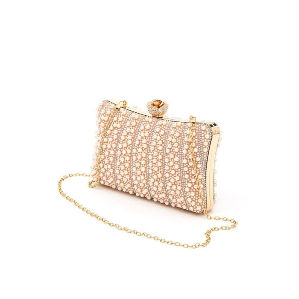 FASHNZFAB Pearl Rhinestone Evening Formal Box Clutch