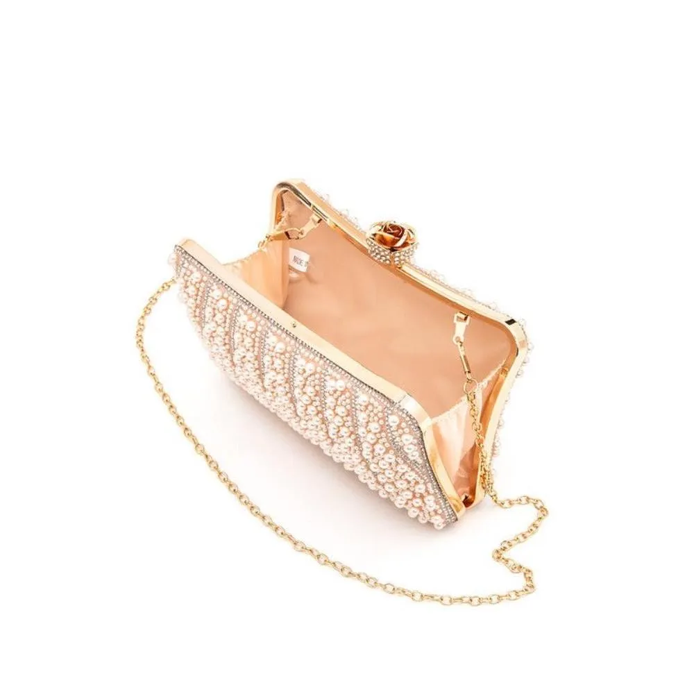 FASHNZFAB Pearl Rhinestone Evening Formal Box Clutch