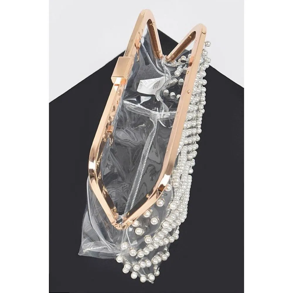FASHNZFAB Pearl Studs Handle Cleared Transparent Clutch