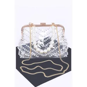 FASHNZFAB Pearl Studs Handle Cleared Transparent Clutch