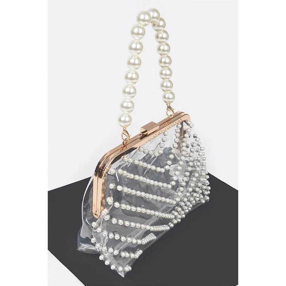 FASHNZFAB Pearl Studs Handle Cleared Transparent Clutch