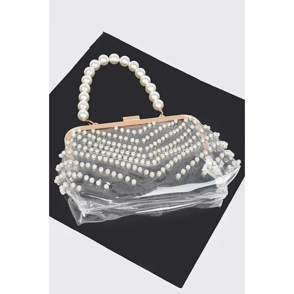 FASHNZFAB Pearl Studs Handle Cleared Transparent Clutch