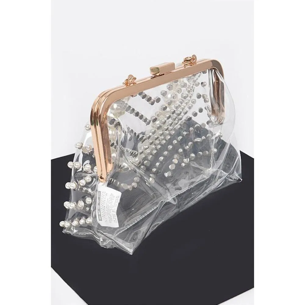 FASHNZFAB Pearl Studs Handle Cleared Transparent Clutch