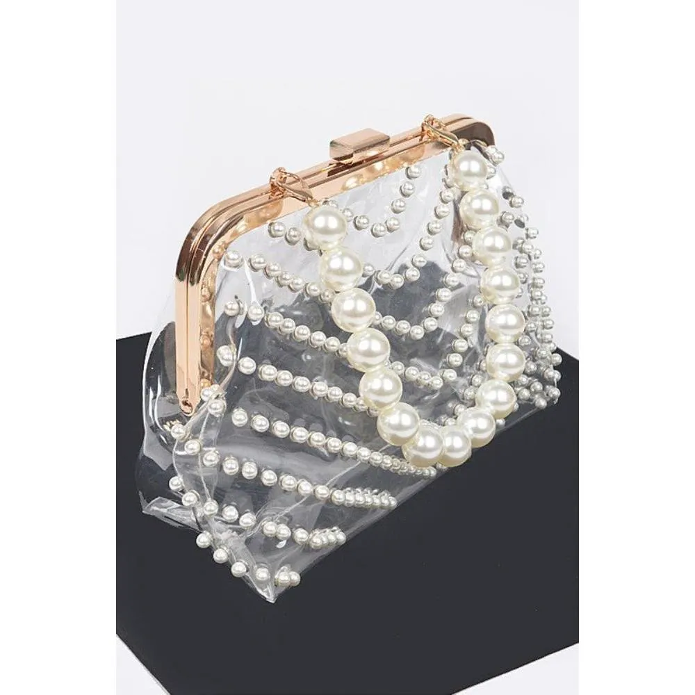 FASHNZFAB Pearl Studs Handle Cleared Transparent Clutch