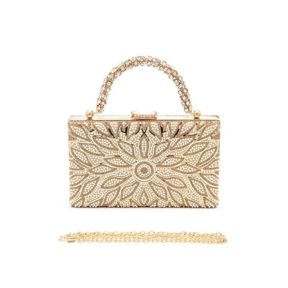 FASHNZFAB Pearl Studs Rhinestone Handle Flower Box Clutch
