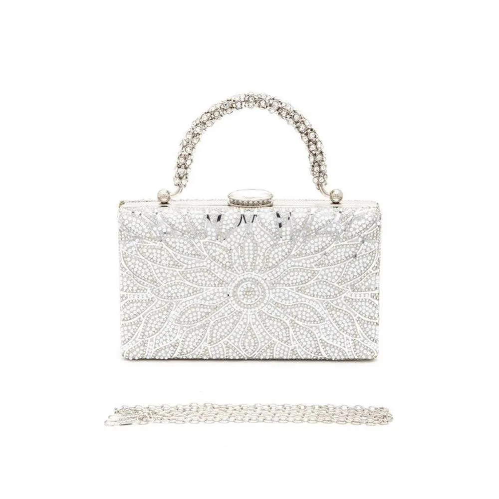 FASHNZFAB Pearl Studs Rhinestone Handle Flower Box Clutch