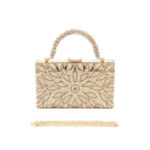 FASHNZFAB Pearl Studs Rhinestone Handle Flower Box Clutch