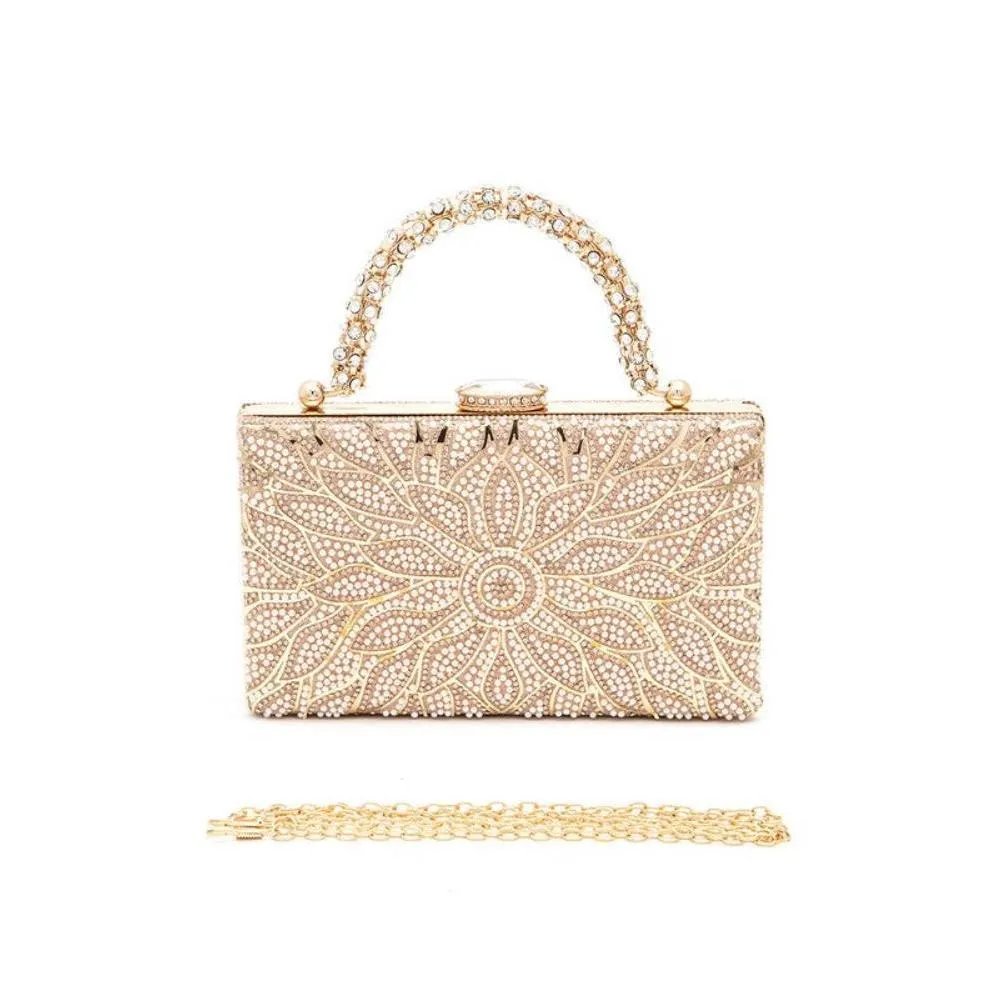 FASHNZFAB Pearl Studs Rhinestone Handle Flower Box Clutch