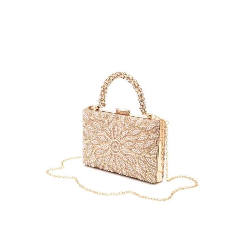 FASHNZFAB Pearl Studs Rhinestone Handle Flower Box Clutch
